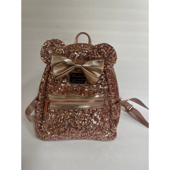 Loungefly Disney Parks Minnie Mouse Sequin Mini Backpack – Rose Gold, - Picture 2 of 5